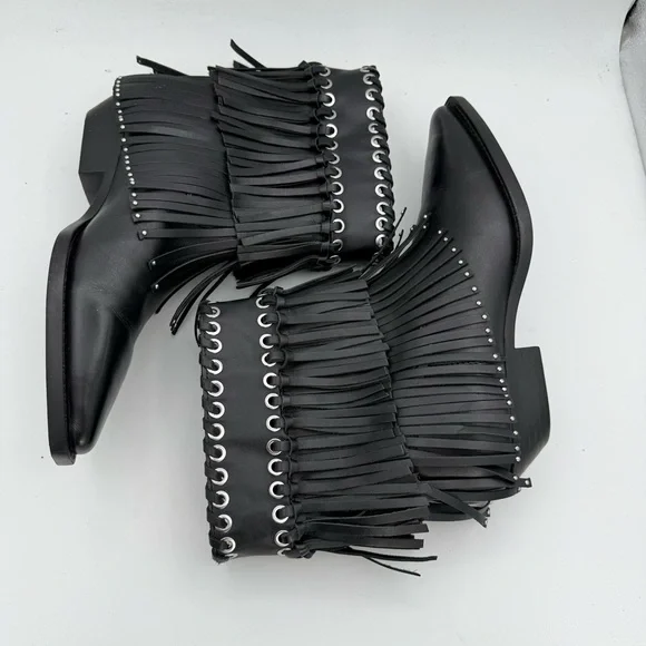 ZARA women’s Fringe Cowboy studded genuine leather Ankle Boots pull on Bootie 8 - Picture 7 of 9